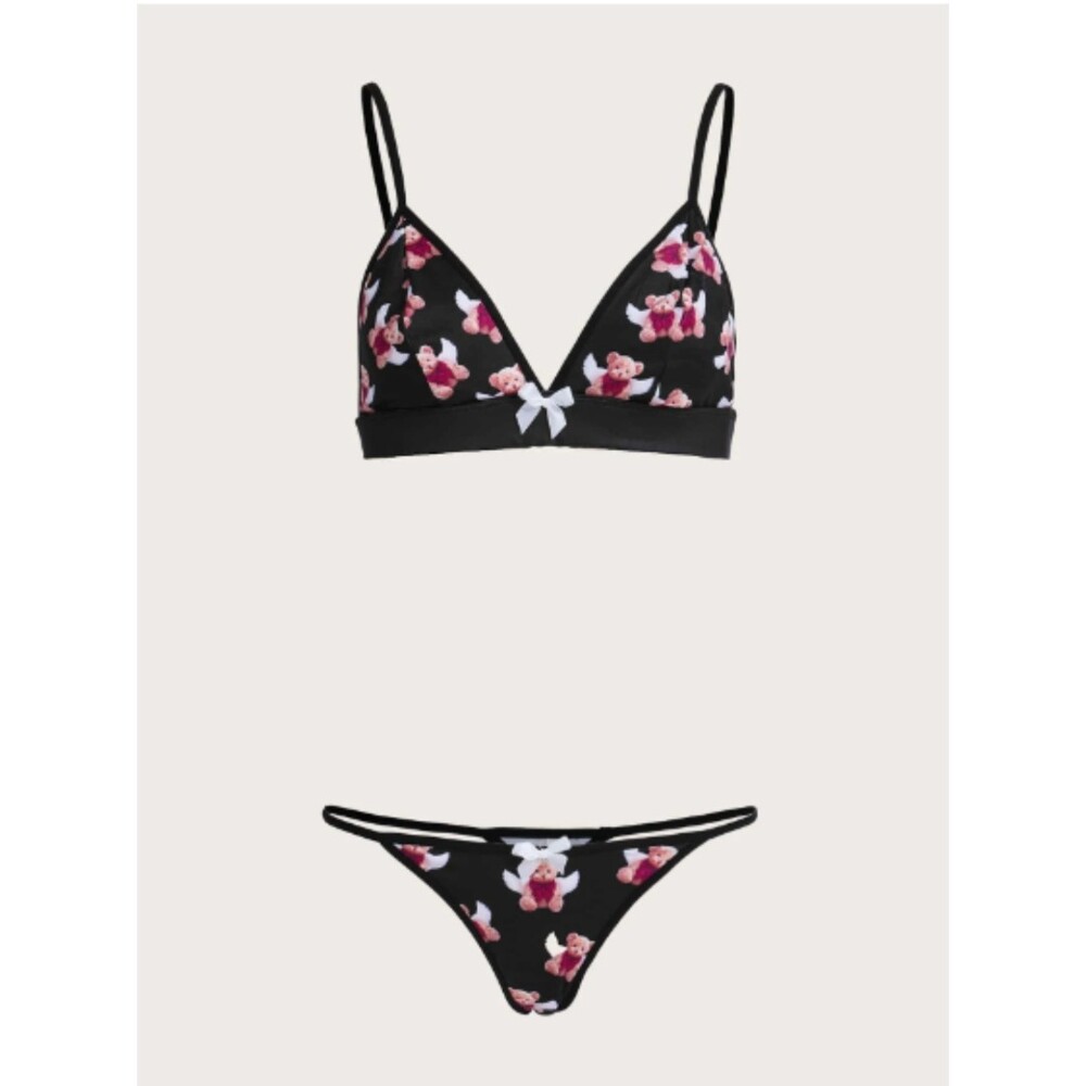 Medium ROMWE Cartoon Bear Print Bow Decor Lingerie Set